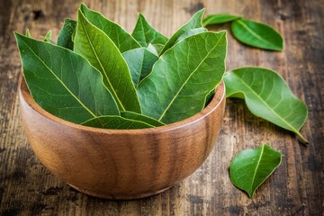 Wall Mural - Fresh bay leaves in a wooden bowl on a wooden background