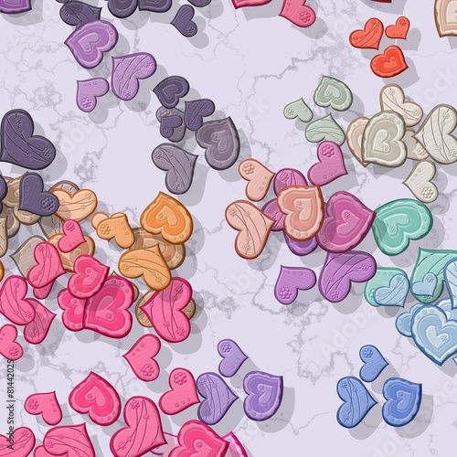 Obraz w ramie Pastel colored hearts randomly scattered on patterned background