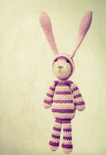 Funny Knitted Rabbit Toy Portrait With Ears Up, Vintage