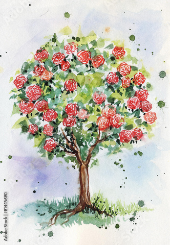 Obraz w ramie watercolor illustration of tree with roses