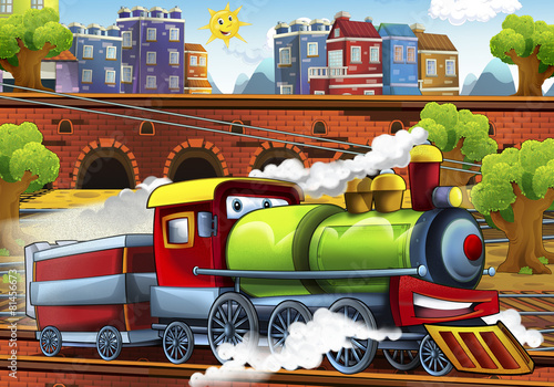 Obraz w ramie Cartoon steam train - train station - illustration