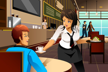 Wall Mural - Waitress in a restaurant serving customers