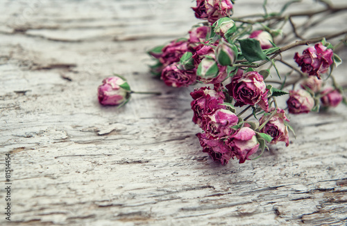 Naklejka na szybę Dry rose flowers frame on old wooden background