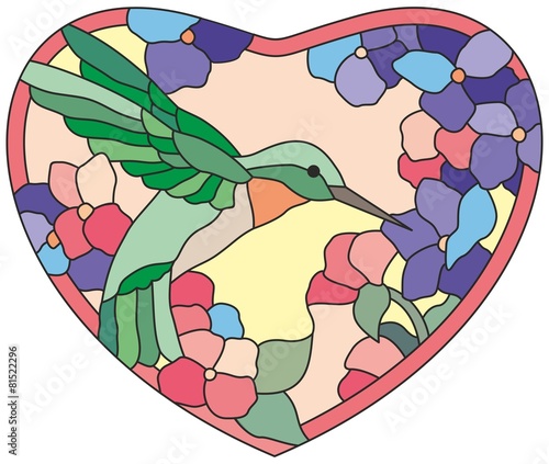 Obraz w ramie Stained glass window сolibri flowers heart