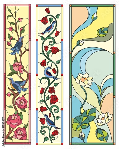 Naklejka na szybę Stained glass window flowers birds folk