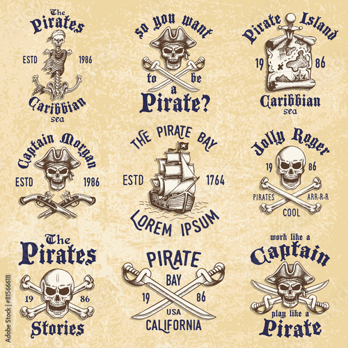 Set of vintage hand drawn pirates designed emblems