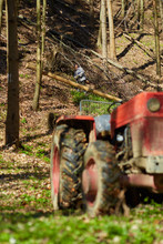 Woodcutters Using A Logging Tractor With Winch