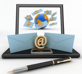 Laptop with incoming letters via e-mail. 3d render illustration