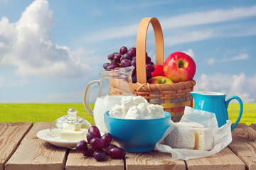 Wall Mural - Milk, cottage, butter and fruit basket, Jewish holiday Shavuot