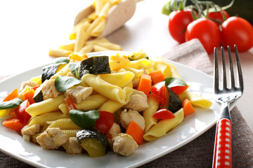 Wall Mural - Pasta with swordfish, zucchini and cherry tomatoes