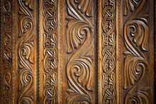 Abstract Floral Decoration Carved On A Wood Door