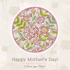 Mother's Day card with big round of spring flowers,  vector illu