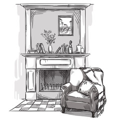 Wall Mural - Hand drawn fireplace and an armchair.