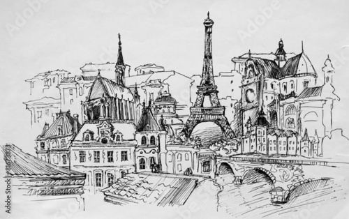 Naklejka - mata magnetyczna na lodówkę Paris, pencil drawing