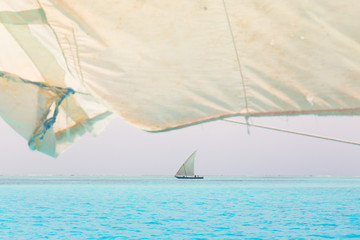 Wall Mural - Traditional wooden sailboat sailing on horizon.