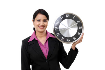 Sticker - Young business woman holding clock in hands