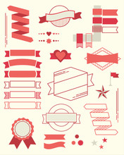 Set Of Red Design Element Banners, Ribbons And Emblems