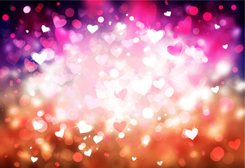 Wall Mural - pink and red lights, bokeh hearts shapes, blurred background.