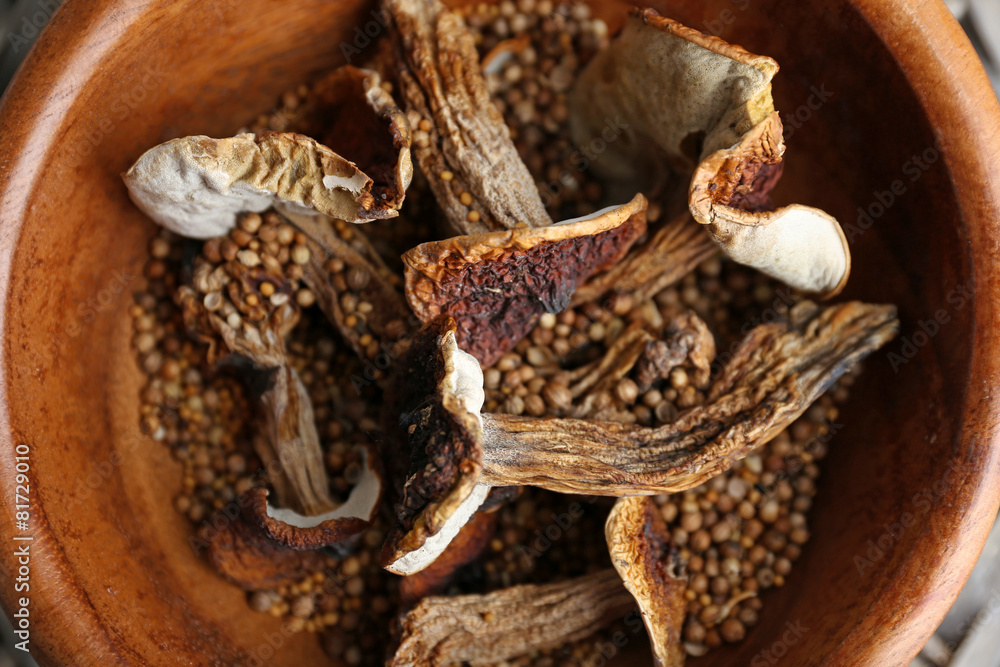 Dried mushrooms in bowl, closeup