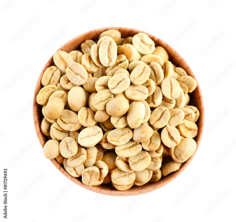 Coffee beans in small bowl isolated on white