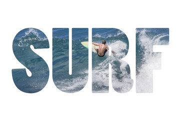 Wall Mural - Word SURF riding giant ocean wave in Hawaii