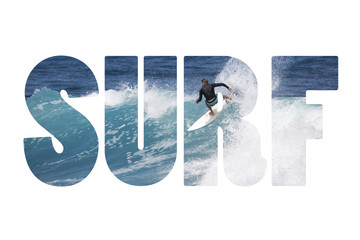 Wall Mural - Word SURF riding giant ocean wave in Hawaii