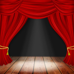 Theater stage with red curtains and spotlights. Theatrical scene