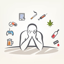 Addict Man And Set Of Addiction Symbols, Outlined Vector Sketch