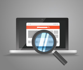 Poster - Modern laptop with magnifier searching information on website. V