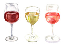 A Set Of Watercolour Wine Glasses On White Background