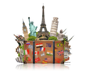 Wall Mural - illustration of a suitcase full of famous monument