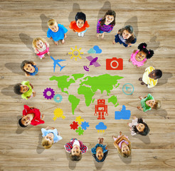 Sticker - Multiethnic Group of Children with World Map