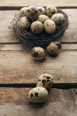 Wall Mural - Bird eggs in nest on wooden background