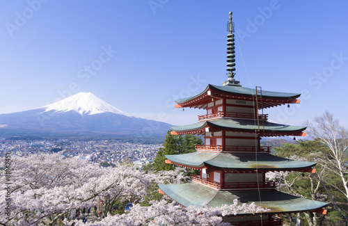 Naklejka samoprzylepna Fuji i wiśniowe kwiaty w pełnym rozkwicie Fuji Asaka Shrine Sunny blue sky