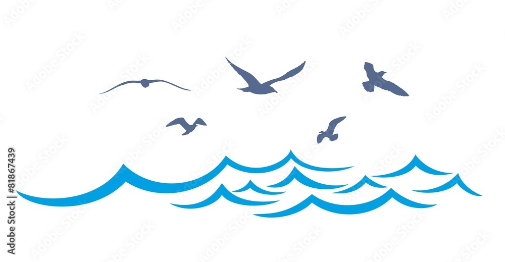 Sea landscape with seagulls. - obrazy, fototapety, plakaty 