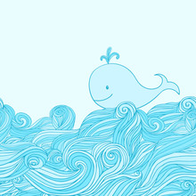 Blue Cute Whale In The Sea Waves.