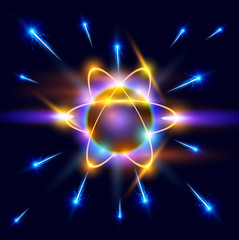 model of the atom and blue sparks around