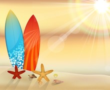 Sunset Beach With Surfboards