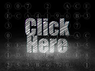 Web development concept: Click Here in grunge dark room