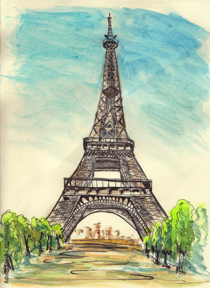 Fototapeta winylowa drukowana na wymiar Kolorowy szkic Paryża Wieża Eiffla  - DECORprint.pl