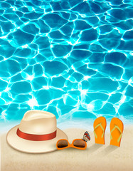 Wall Mural - Vacation background with blue sea, a hat and sunglasses. Vector.