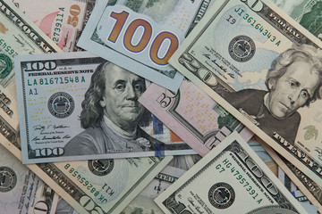 American Dollar notes background including the new blue notes