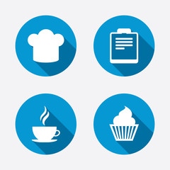 Wall Mural - Coffee cup icon. Chef hat symbol. Muffin cupcake