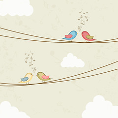 Poster - Cute bird couples with musical notes.