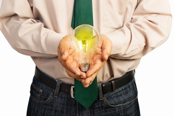 Business holding a light bulb  meaning he having good idea for p