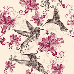 Wall Mural - Beautiful seamless wallpaper pattern with hummingbirds and flowe