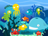 Fototapeta Do akwarium - Happy Silly Cute Underwater Sea Animals Scene