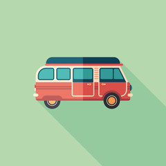 Travel van flat square icon with long shadows.