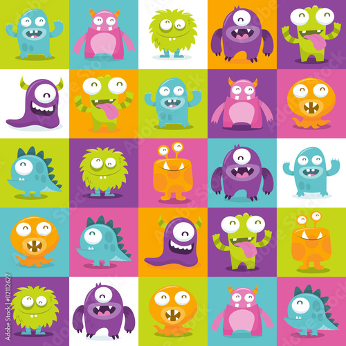 Nowoczesny obraz na płótnie Happy Silly Cute Monsters Tiles Pattern Background