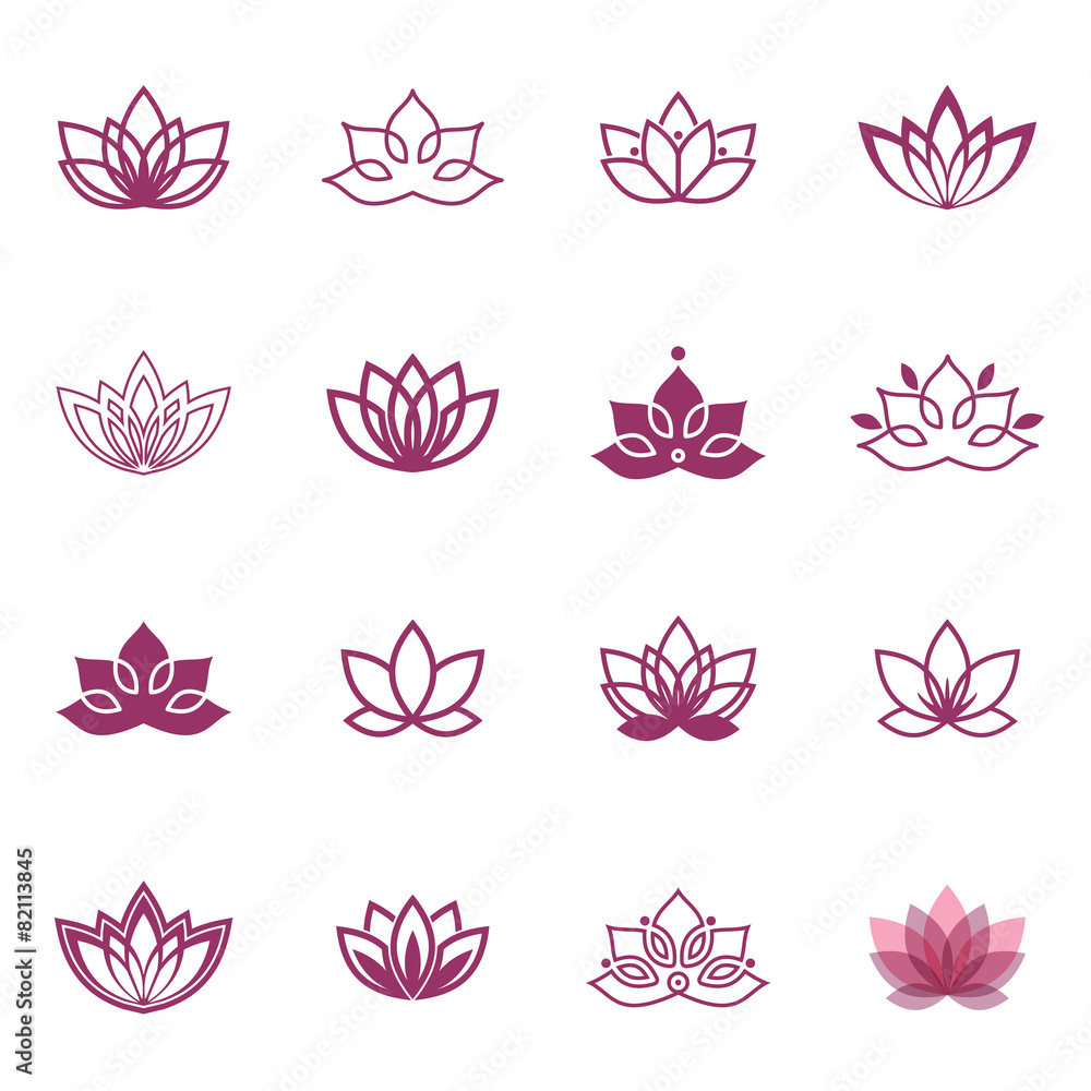 Lotus symbol icons. Vector floral labels for Wellness industry - obrazy, fototapety, plakaty 